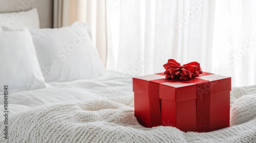 Bright red gift box placed on a cozy white bed with a festive blanket and white pillows background during the holiday season. Present, gift, romantic present. photo