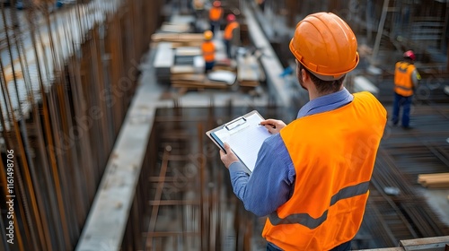 Construction worker in an orange vest and hard hat reviews documents on a clipboard at a busy construction site.  Multiple workers are visible in the background.