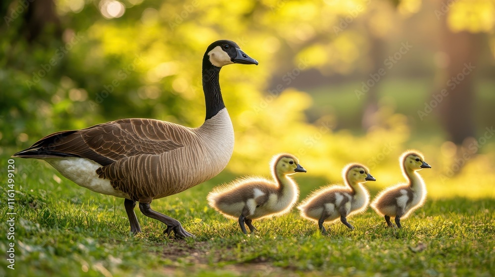 Goose family strolling together on a grassy bank, showcasing fluffy goslings in tow. Goose family strolling together on a grassy bank, showcasing fluffy goslings in tow.