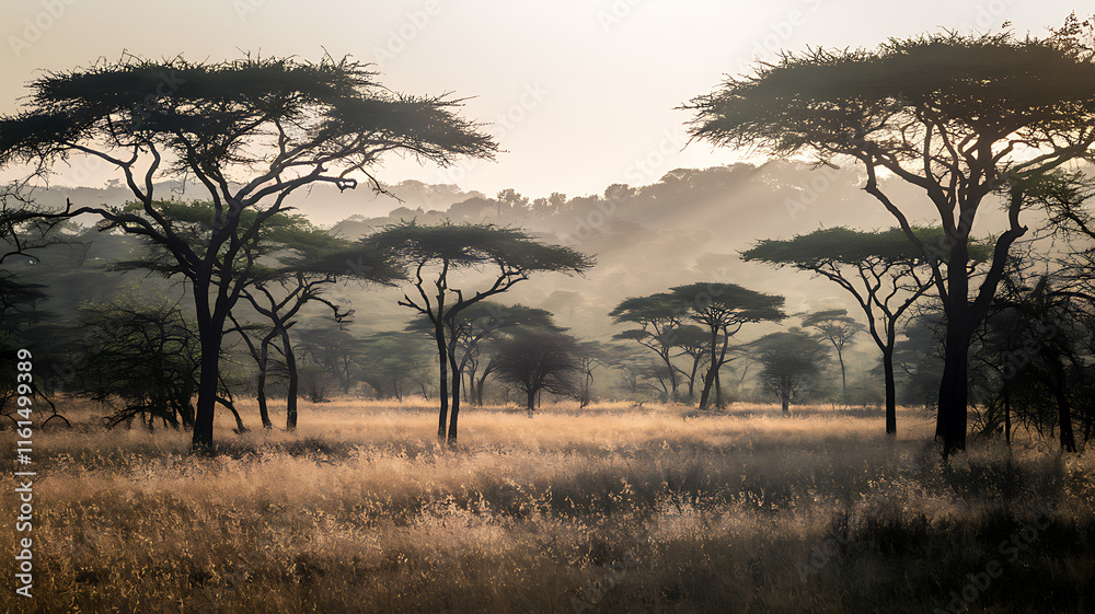 Obraz premium Golden Savanna at Dusk with Acacia Trees, Warm Sunset Light, and Distant Hills Softened by Heat Haze, Capturing Serenity and the Call of Wildlife