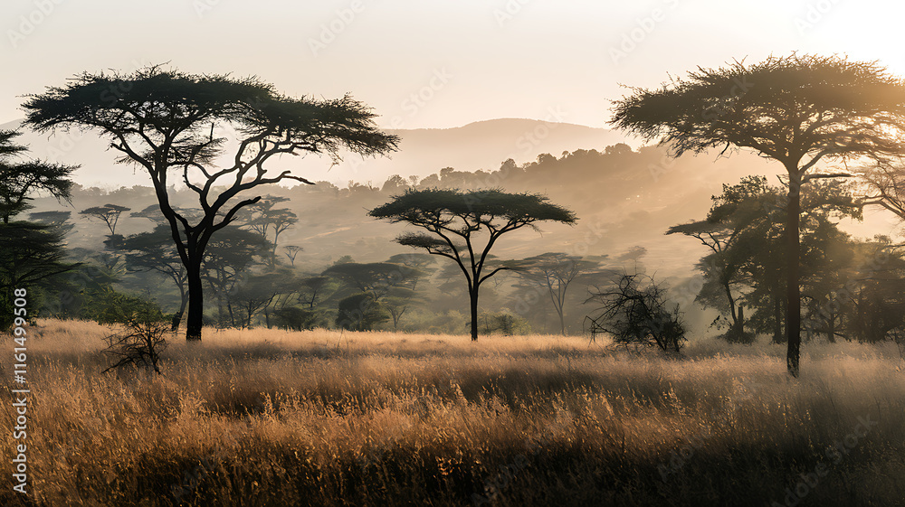 Fototapeta premium Golden Savanna at Dusk with Acacia Trees, Warm Sunset Light, and Distant Hills Softened by Heat Haze, Capturing Serenity and the Call of Wildlife
