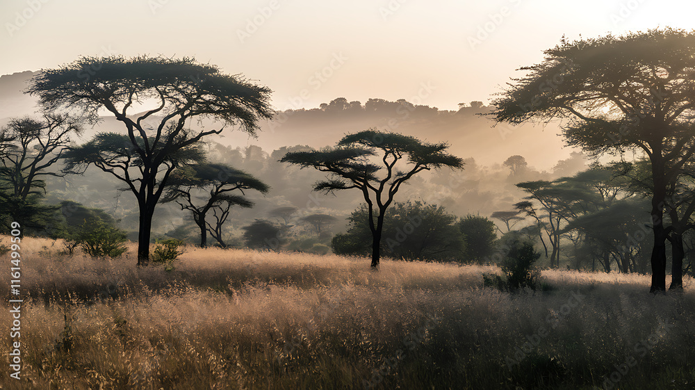 Golden Savanna at Dusk with Acacia Trees, Warm Sunset Light, and Distant Hills Softened by Heat Haze, Capturing Serenity and the Call of Wildlife