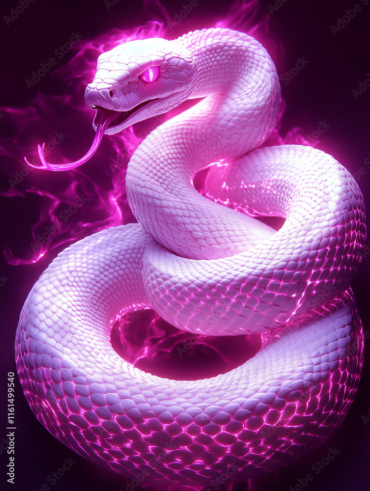Fototapeta premium Close-up of a glowing pink snake on a dark background. Chinese New Year 2025, lunar New Year theme