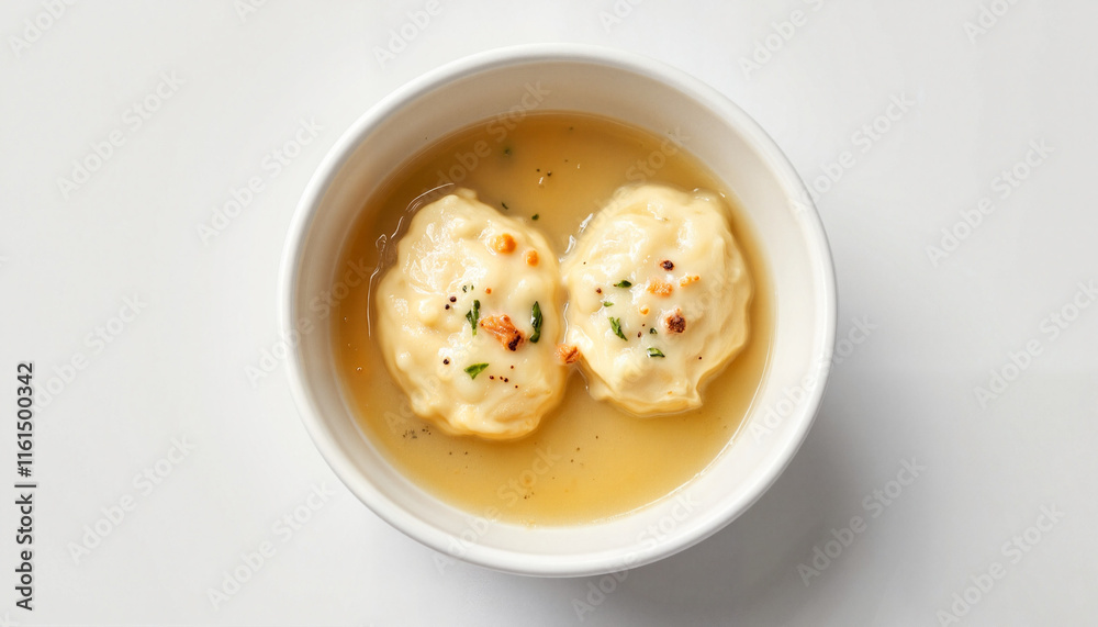 Dumplings in broth served in a white bowl Dumplings in broth served in a white bowl