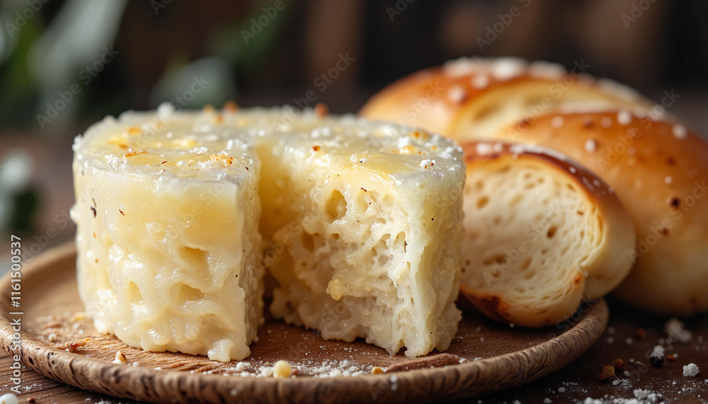 Cheese on wooden plate with baked bread Cheese on wooden plate with baked bread