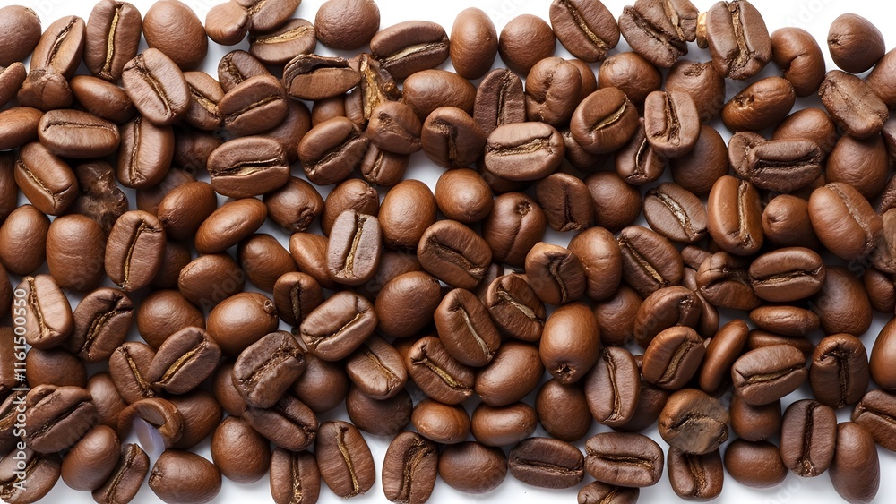 Fototapeta premium High-Resolution Image of Roasted Arabica Coffee Beans, Symmetrical Arrangement of Dark Brown and Chestnut Coffee Beans on White Background, Detailed Texture and Ridges Visible
