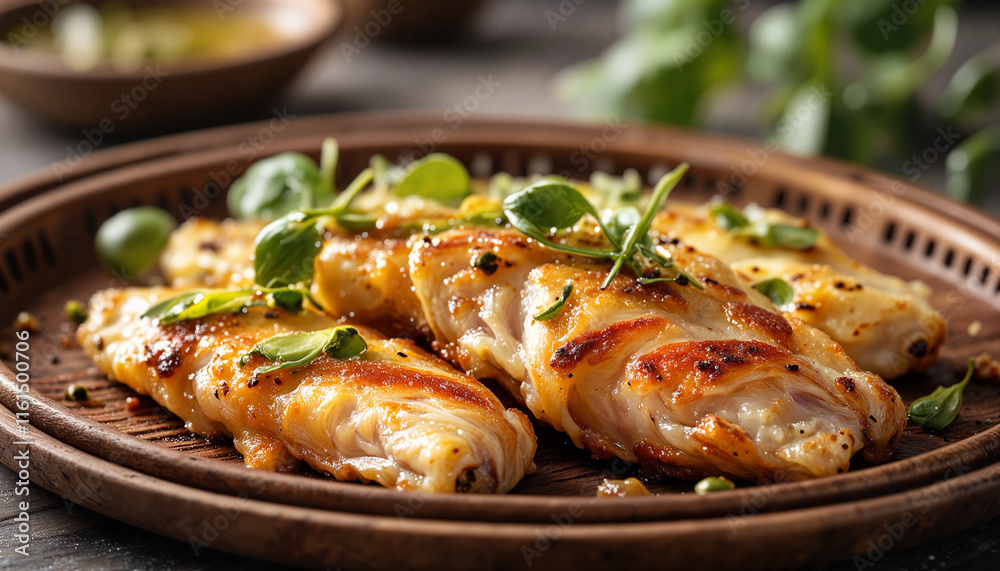 Grilled fish fillets garnished with herbs on wooden plate Grilled fish fillets garnished with herbs on wooden plate