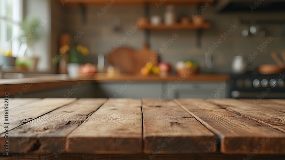 Rustic Wooden Kitchen Tabletop, Intimate Warm-toned Scene with Blurred Background Rustic Wooden Kitchen Tabletop, Intimate Warm-toned Scene with Blurred Background