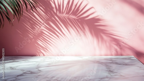 Luxury marble table with palm shadow on pink wall background.