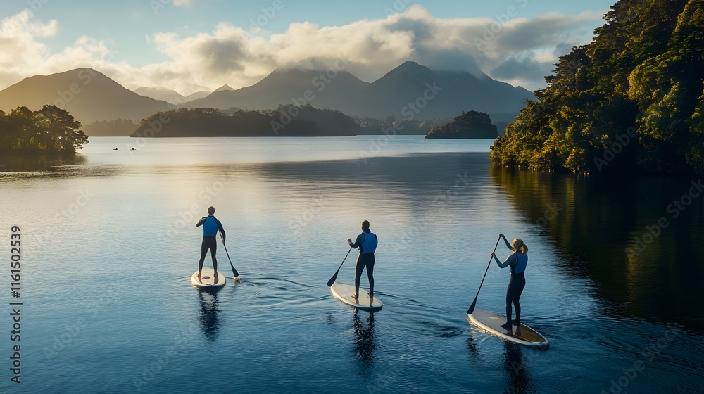 Three people stand-up paddleboard on a calm lake at sunrise, surrounded by majestic mountains and lush green forests. A tranquil and serene scene. Three people stand-up paddleboard on a calm lake at sunrise, surrounded by majestic mountains and lush green forests. A tranquil and serene scene.
