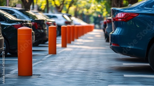 A car parked near a warning post made of flexible plasti Automobiles parked in a line near the orange anti-parking bollard and plastic parking barrier in the downtow Public parking place in downtown.  photo