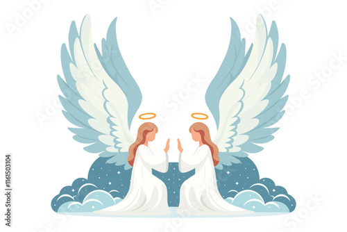 angels praying on the clouds flat vector illustration isolated on white background