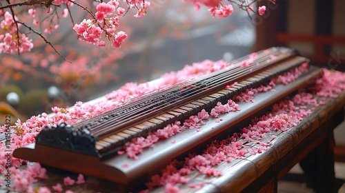 Japanese Koto on Tatami Mat with Cherry Blossoms