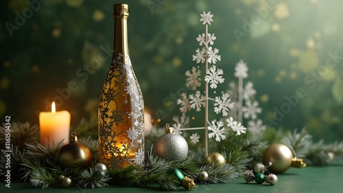Wallpaper Mural Majestic Antique Wine Bottle with Minimalist Paper Christmas Tree, Silver Ornaments, and Candlelight, Festive Holiday Scene Torontodigital.ca