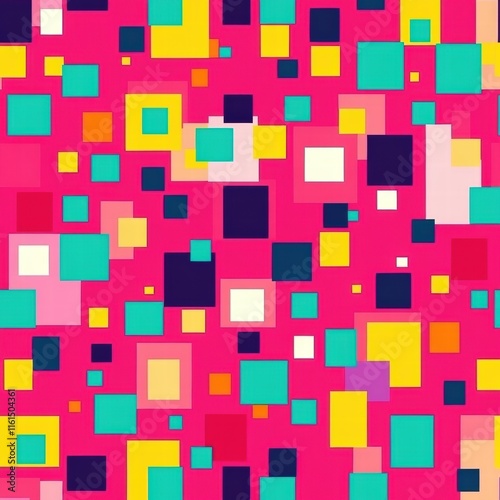 Colorful pixel art seamless pattern with vibrant squares and rectangles on a pink background. Generative AI