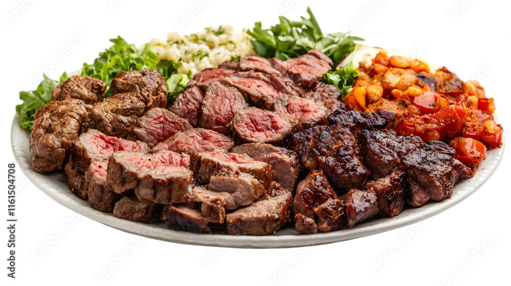 Deliciously Grilled Assorted Meats Plated with Fresh Vegetables and Herbs for a Gourmet Experience Deliciously Grilled Assorted Meats Plated with Fresh Vegetables and Herbs for a Gourmet Experience