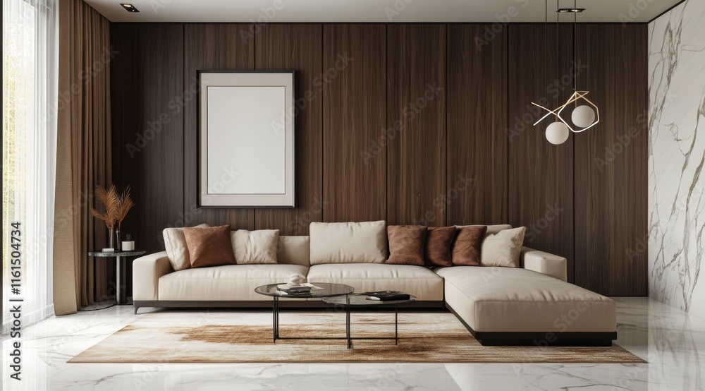 Fototapeta premium A living room with a white couch and a black coffee table. A picture frame is on the wall