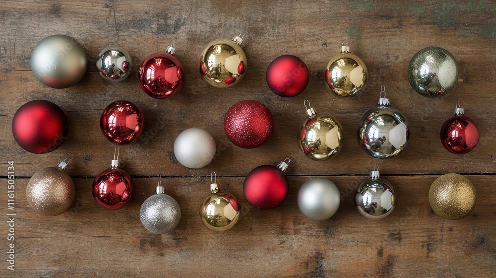 Naklejka premium Overhead view of assorted red, gold and silver Christmas baubles on a wooden table