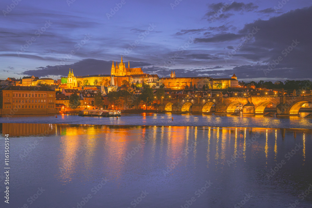 Fototapeta premium Prague panorama with Charles Bridge and Prague Castle at night, Czech Republic