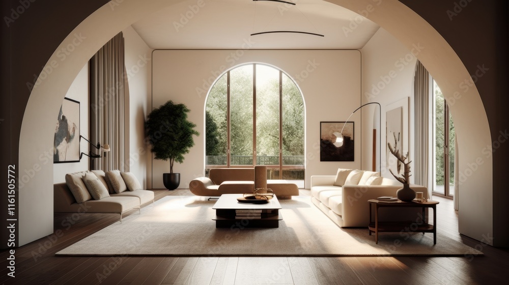 Fototapeta premium A large room with a white couch and a white chair. A potted plant is in the room