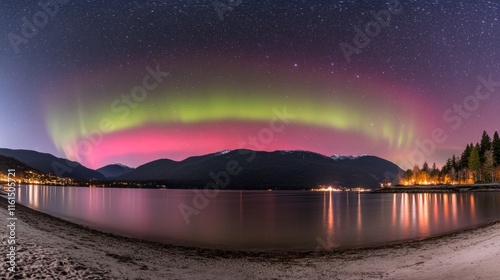 The northern lights shimmer and undulate elegantly in the night sky, bands of...