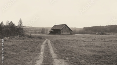 Rustic wooden house in sepia-toned field.