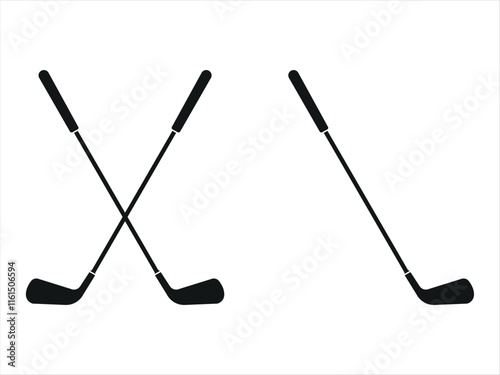 Silhouettes of crossed golf clubs with rounded heads, black minimalist design. Perfect for golf-related illustrations, sports logos, and branding for tournaments or recreational activities.