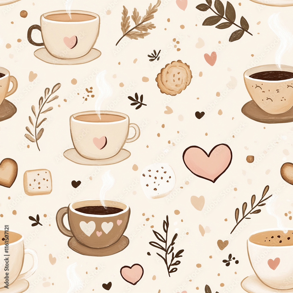Obraz premium Seamless pattern of cups with tea and coffee, cookies and hearts