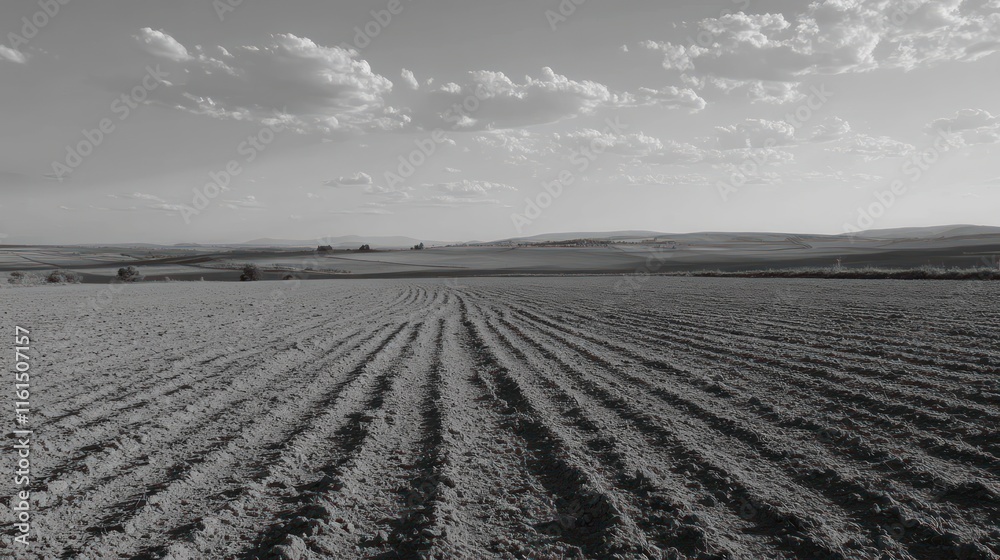 Obraz premium Monochrome landscape of plowed field under a partly cloudy sky.