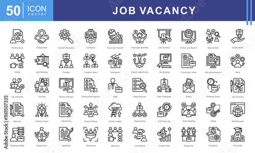 Job Vacancy icon collection set. Containing online job search, requirements, recruiting, employment, human resource management, employee skills, career ladder icon. Simple vector illustration.