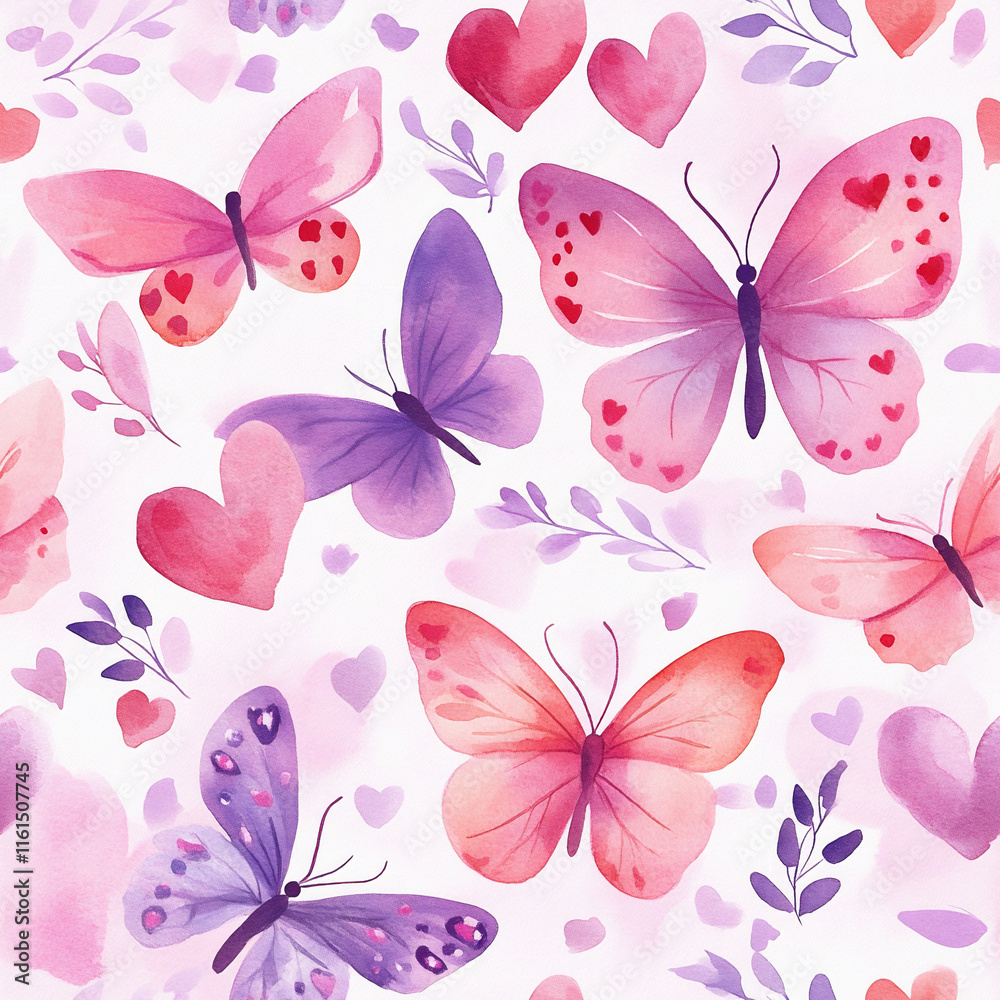 Fototapeta premium Seamless watercolor pattern featuring pink and purple butterflies with heart details, surrounded by hearts and leaves on a light background