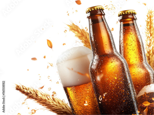 Beer in glass and bottle isolated on transparent background.