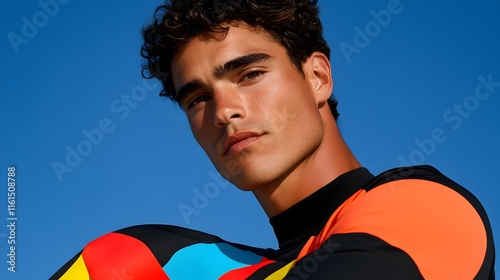 Close-up of a young man with tanned skin and curly hair, wearing a colorful long-sleeved shirt against a vibrant blue sky.