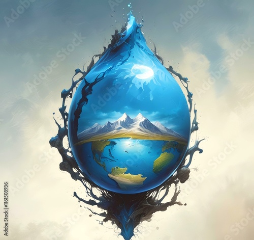 Illustration of environemnt protection with earth illustrated in water drop. photo