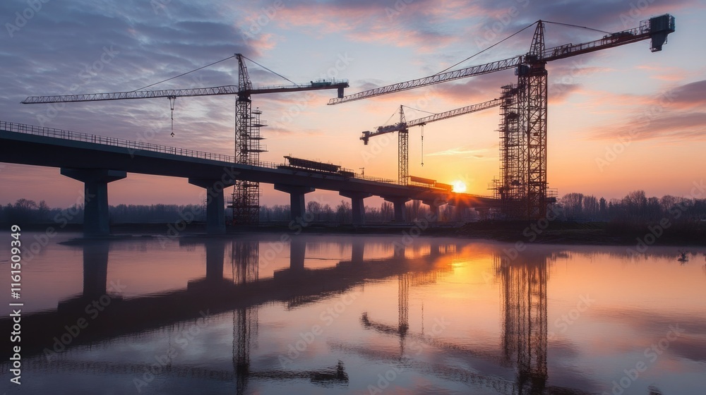 Fototapeta premium Massive bridge construction for high-speed rail crossing a river, featuring cranes and scaffolding at sunset.