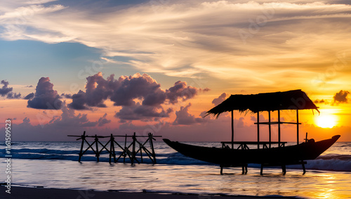 Seascape with silhouette sea hut of fisherman during sunrise at Bang Tabun Bay in Phetchaburi province, Thailand photo