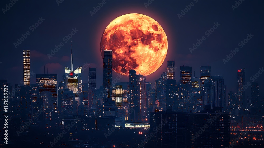 Obraz premium Blood Moon Rises Over Illuminated Cityscape at Night