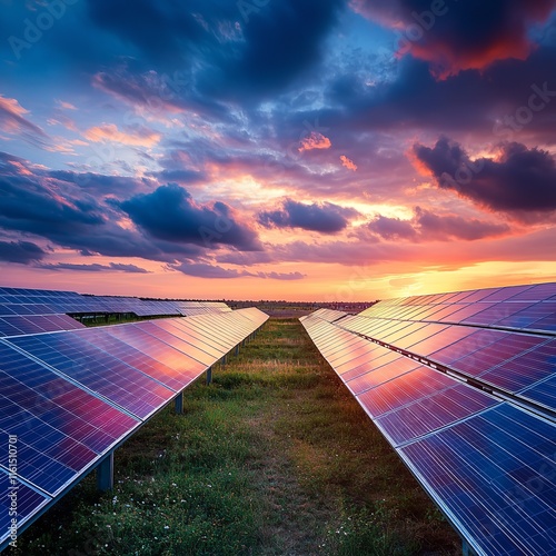 Photo of Solar Panels in a Green Field with a Blue Sky

 photo