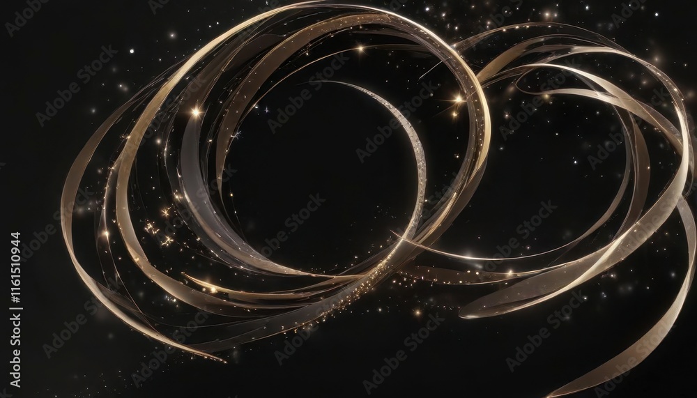 Fototapeta premium Black background with swirl ribbons and twinkling stars in a wavy design , Christmas banners, holiday garland