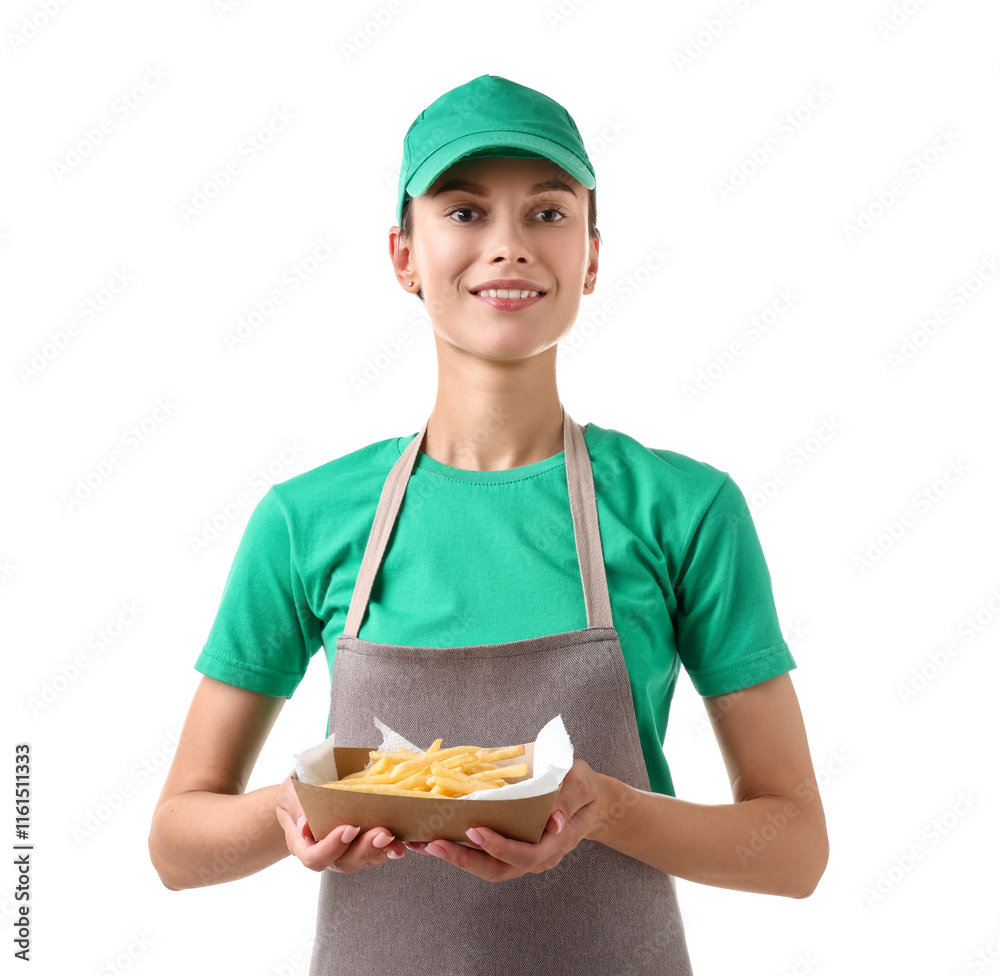 Fast-food worker holding paper container with fries on white background Fast-food worker holding paper container with fries on white background