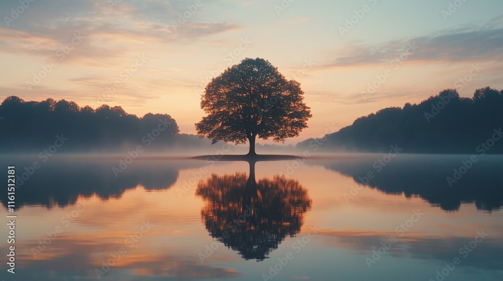 Fototapeta premium Solitary tree reflected in calm lake at sunrise.