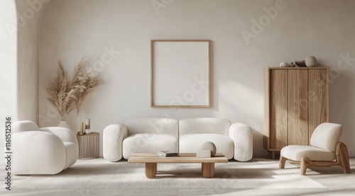 A living room with a white couch, a coffee table, and a chair. A white framed picture hangs on the wall