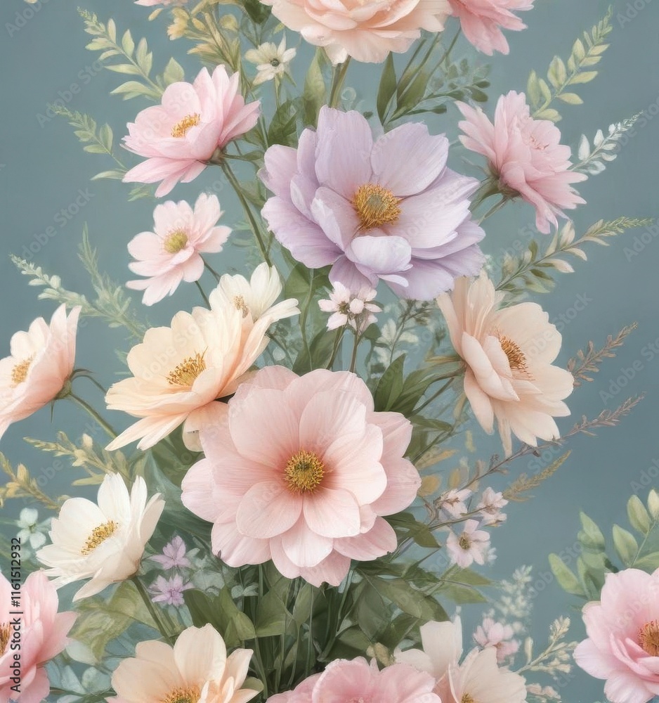 Obraz premium Delicate watercolor flowers in a bouquet with soft pastel colors and subtle brushstrokes, blooms, pastels