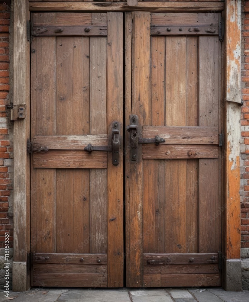 Distressed, worn wooden door with rusty hinges and weathered planks, decayed, grunge Distressed, worn wooden door with rusty hinges and weathered planks, decayed, grunge