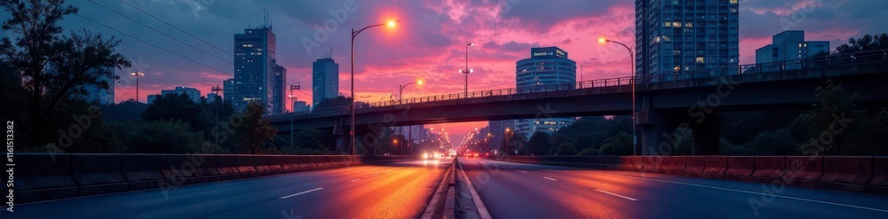 Empty city street at dusk with a single light on the flyover, light, city Empty city street at dusk with a single light on the flyover, light, city