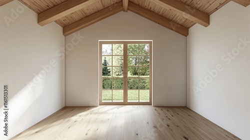 A large open room with a wooden floor and a window. The room is empty and has a lot of natural light coming in