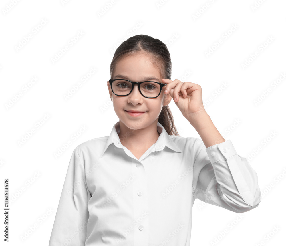 Girl with glasses pretending to be accountant on white background. Dreaming of future profession Girl with glasses pretending to be accountant on white background. Dreaming of future profession
