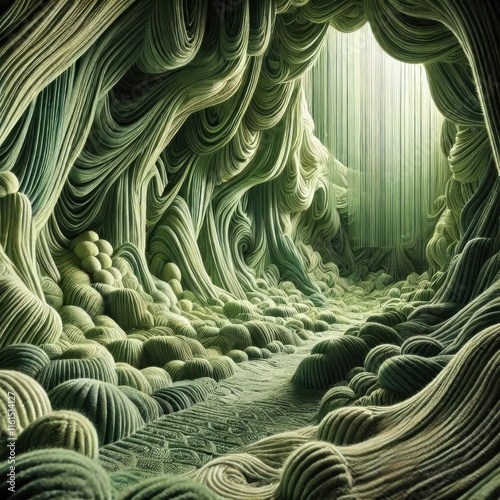 3D abstract green yarn cave with flowing textures and shapes for digital art and backgrounds with copy space