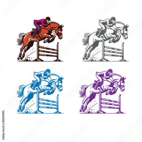 An equestrian rider on a jumping horse, clearing a fence in mid-air