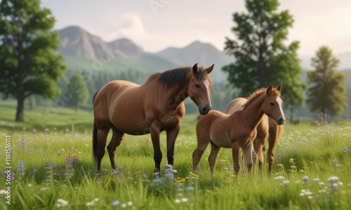 Mare and foal in lush green meadow with wildflowers,  wildlife,  green